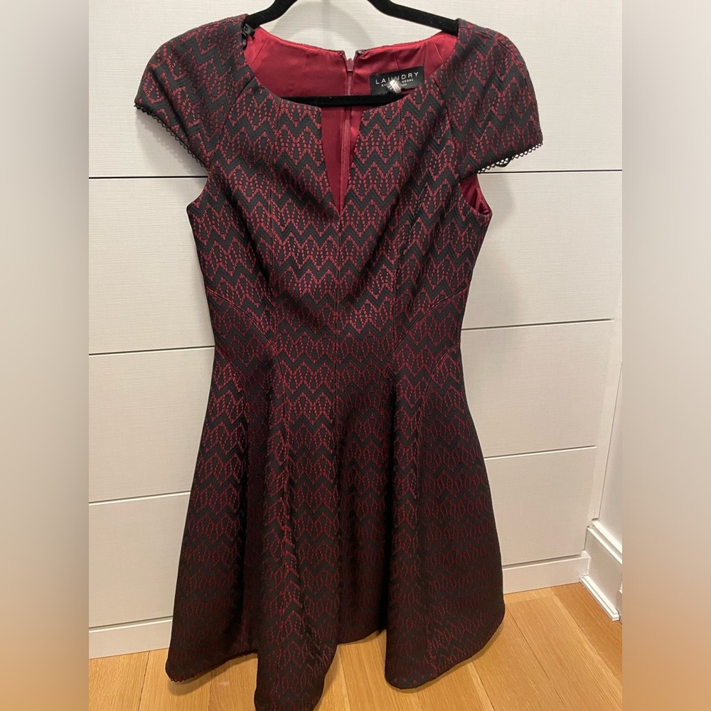 Red and black short sleeve fit and flare cocktail dress
